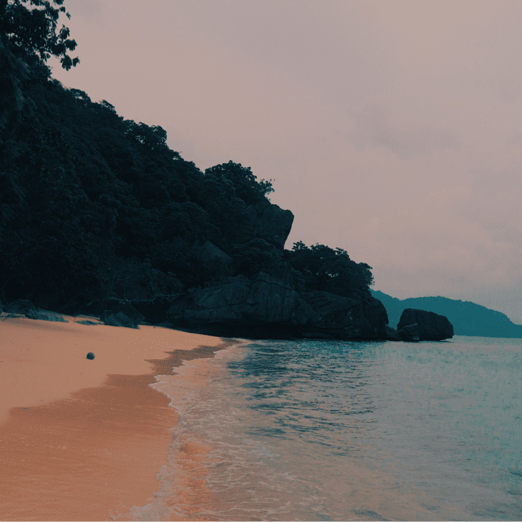 písčitá pláž se skálou, stromy a mořem